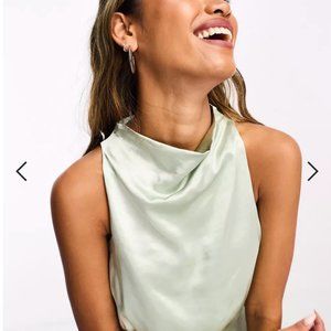 NWT Pretty Lavish Bridesmaid Farrah high neck drape satin maxi dress in sage